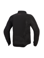 Alpinestars Aeroshell Airflow Jacket, Motorcycle Jacket, Black Anthracite, rear view featuring mesh panels and laser-perforated ventilation zones, elongated rear for riding coverage, small red logo on the back neck, lightweight sport-cut softshell design