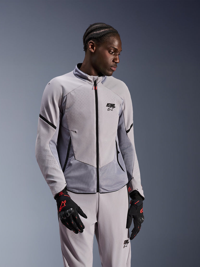 Alpinestars Aeroshell Airflow Jacket, Light Gray and Black, Motorcycle Urban Jacket, Unisex, Perforated Ventilation, Worn with Matching Pants and Black Gloves with Red Accents