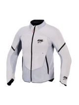 Alpinestars Aeroshell Airflow Jacket, Motorcycle Jacket, Mid Gray Anthracite, features lightweight stretch softshell with extensive laser-perforated mesh panels, black front zipper with red pull tab, ASTARS branding on the chest and sleeve, sport-fit design for maximum breathability.