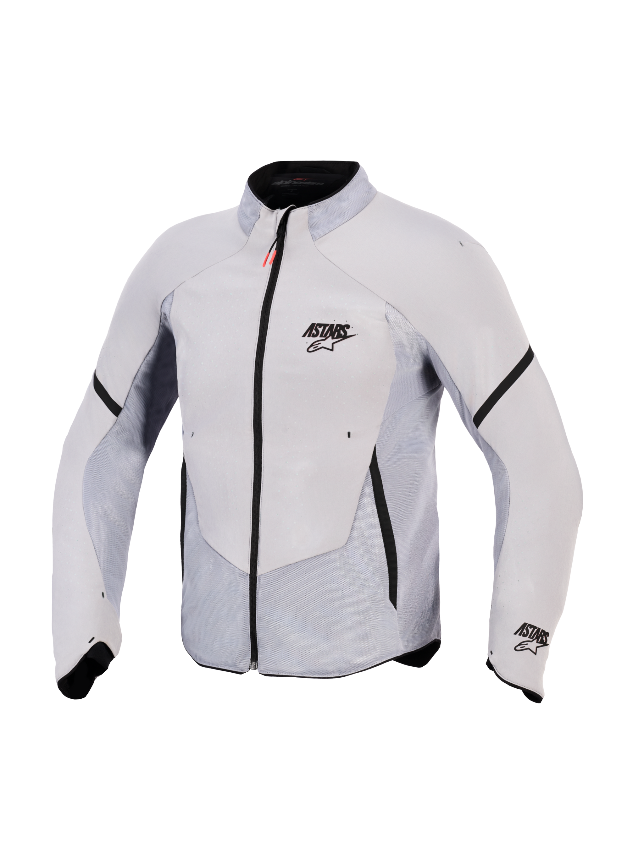 Alpinestars Aeroshell Airflow Jacket, Motorcycle Jacket, Mid Gray Anthracite, features lightweight stretch softshell with extensive laser-perforated mesh panels, black front zipper with red pull tab, ASTARS branding on the chest and sleeve, sport-fit design for maximum breathability.