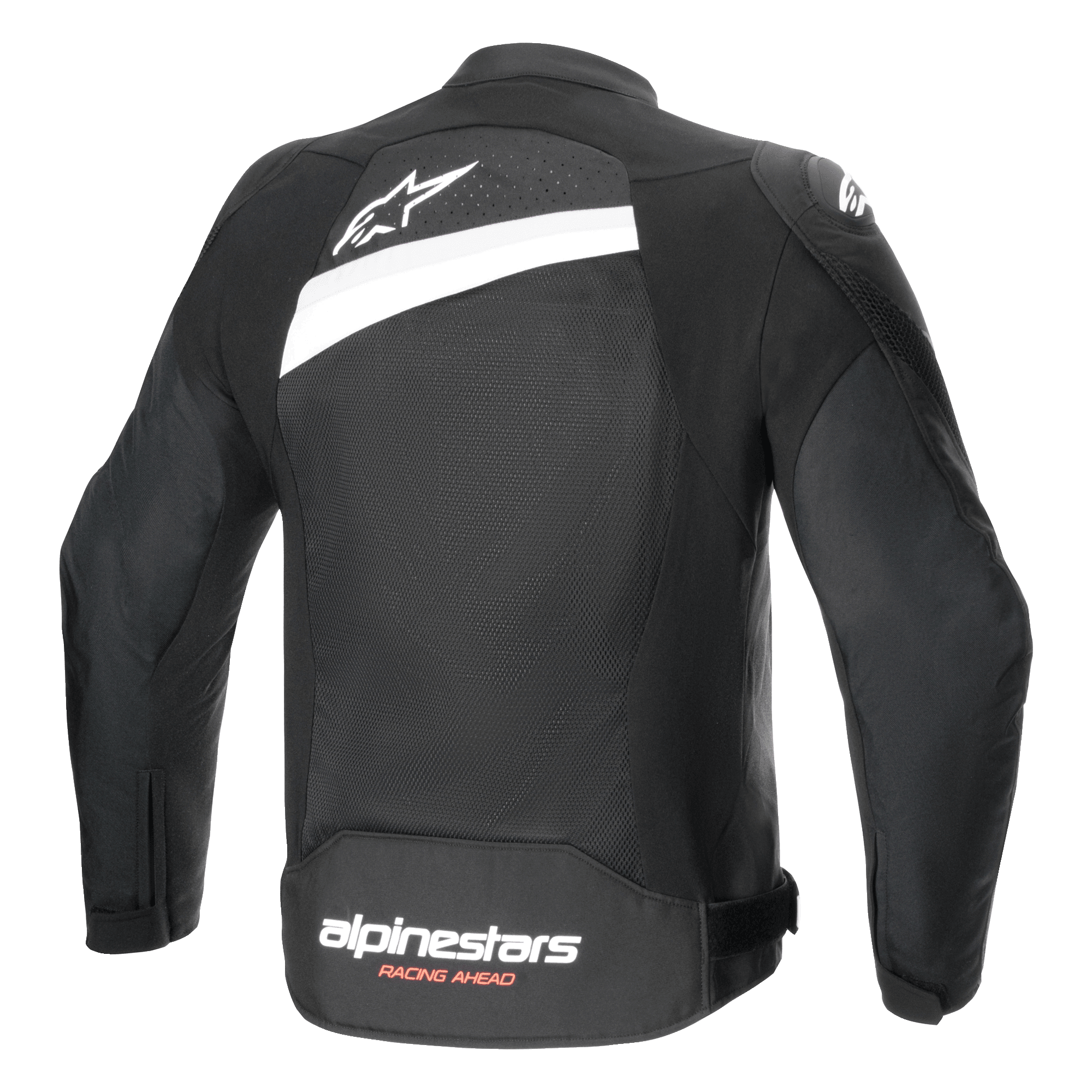 Alpinestars T-GP Plus R V4 Airflow Jacket, Textile Motorcycle Jacket, Black and White, back view featuring extensive mesh panel, white star logo on upper back and Alpinestars Racing Ahead branding on lower back, sport fit design for ventilation