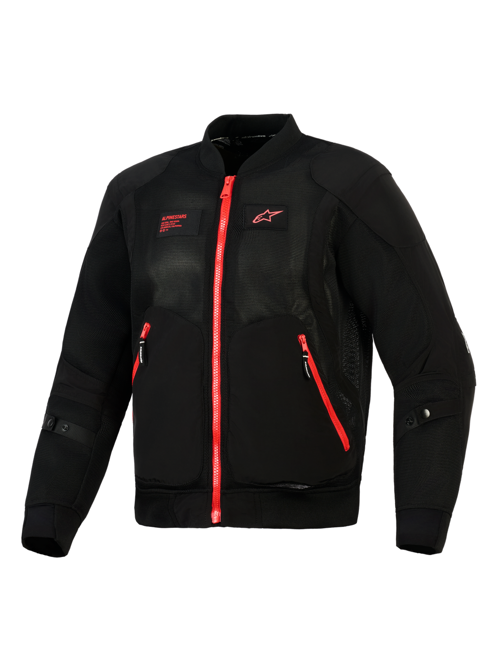 Alpinestars Flight Air Jacket, Black Bright Red, front view of a lightweight bomber-style motorcycle jacket featuring 3D mesh panels, contrasting red zippers, and red Alpinestars branding on the chest.