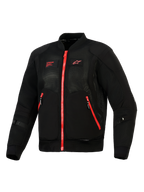 Alpinestars Flight Air Jacket, Black Bright Red, front view of a lightweight bomber-style motorcycle jacket featuring 3D mesh panels, contrasting red zippers, and red Alpinestars branding on the chest.