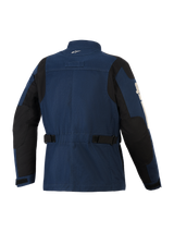 Alpinestars Dice Jacket, Urban Motorcycle Jacket, Dark Blue and Black, back view showing field jacket styling, adjustable waist straps, black shoulder and elbow reinforcement panels, and a small white logo on the collar.