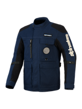 Alpinestars Dice Jacket, urban field-style motorcycle jacket, Dark Blue with black shoulder and arm panels, featuring multiple utility pockets, vertical zippered chest pocket, and a circular spiral graphic, large white Alpinestars logo on the sleeve, durable water-repellent textile construction