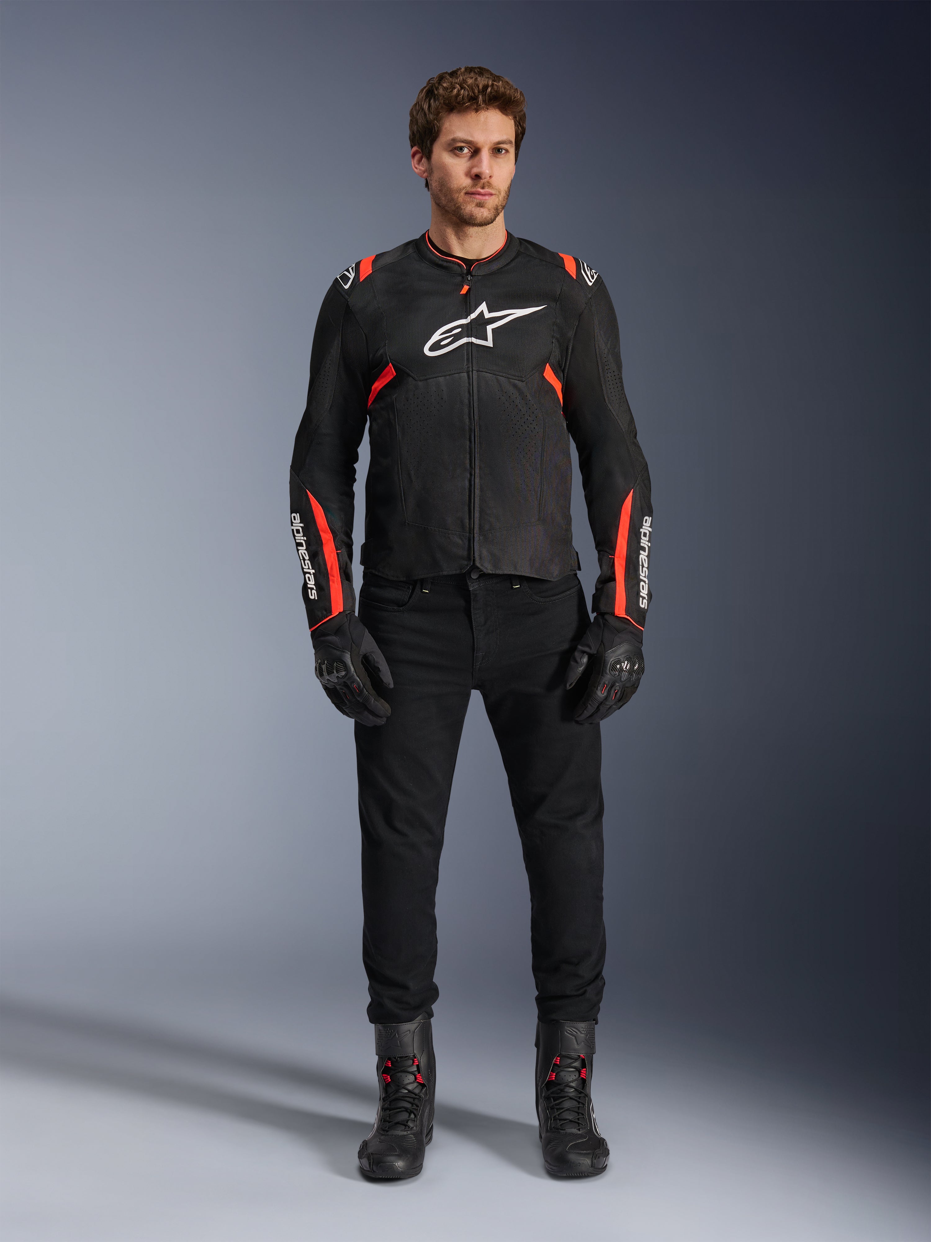 Alpinestars T-SPS Air V2 Jacket, Men's Black and Red Fluo textile motorcycle jacket with airflow mesh panels.