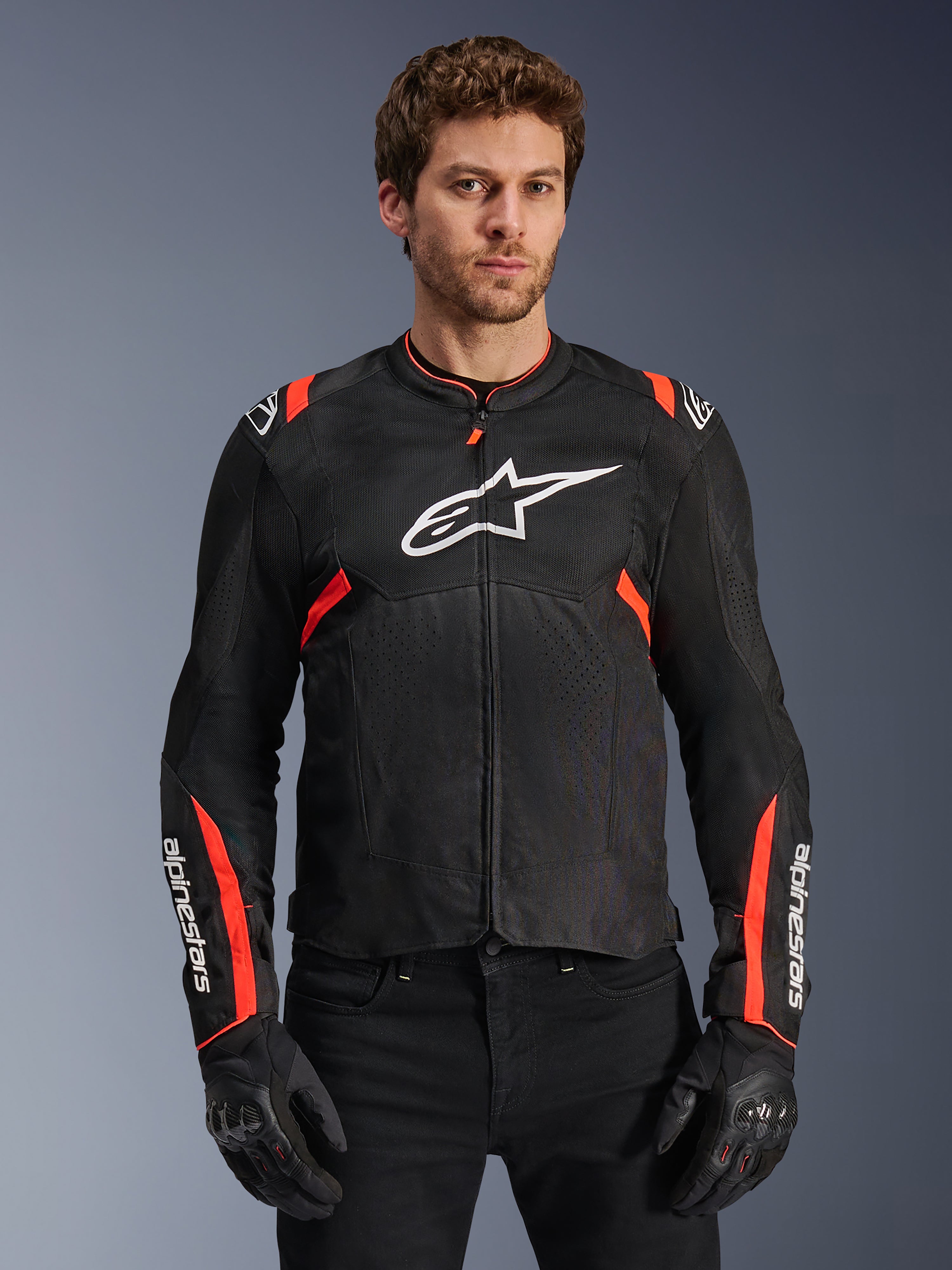 Alpinestars T-SPS Air V2 Jacket, ventilated men's motorcycle jacket, Black and Red Fluo, with tech mesh airflow panels.