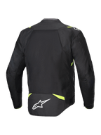 Alpinestars T-SPS Air V2 Jacket, Textile Motorcycle Jacket, Black and Yellow Fluo, rear view featuring large mesh panels for airflow, fluorescent yellow accents on shoulders and waist, white Alpinestars logo on lower back