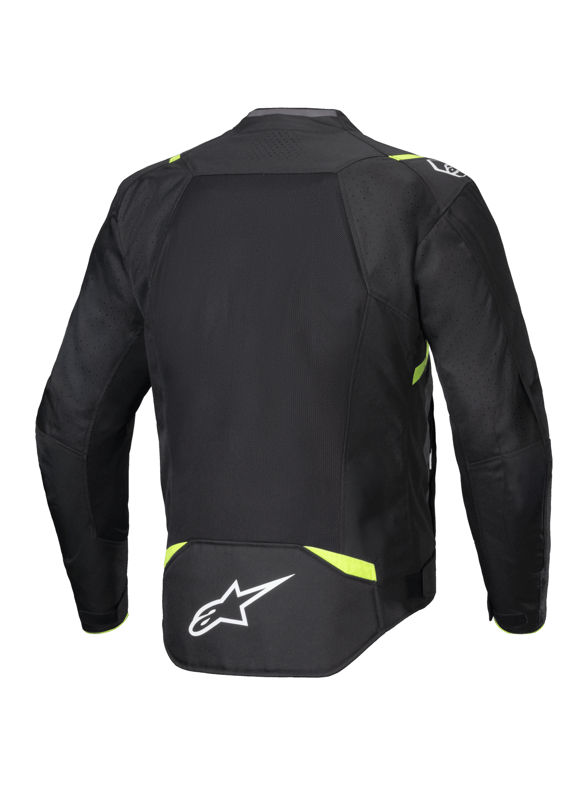 Alpinestars T-SPS Air V2 Jacket, Textile Motorcycle Jacket, Black and Yellow Fluo, rear view featuring large mesh panels for airflow, fluorescent yellow accents on shoulders and waist, white Alpinestars logo on lower back