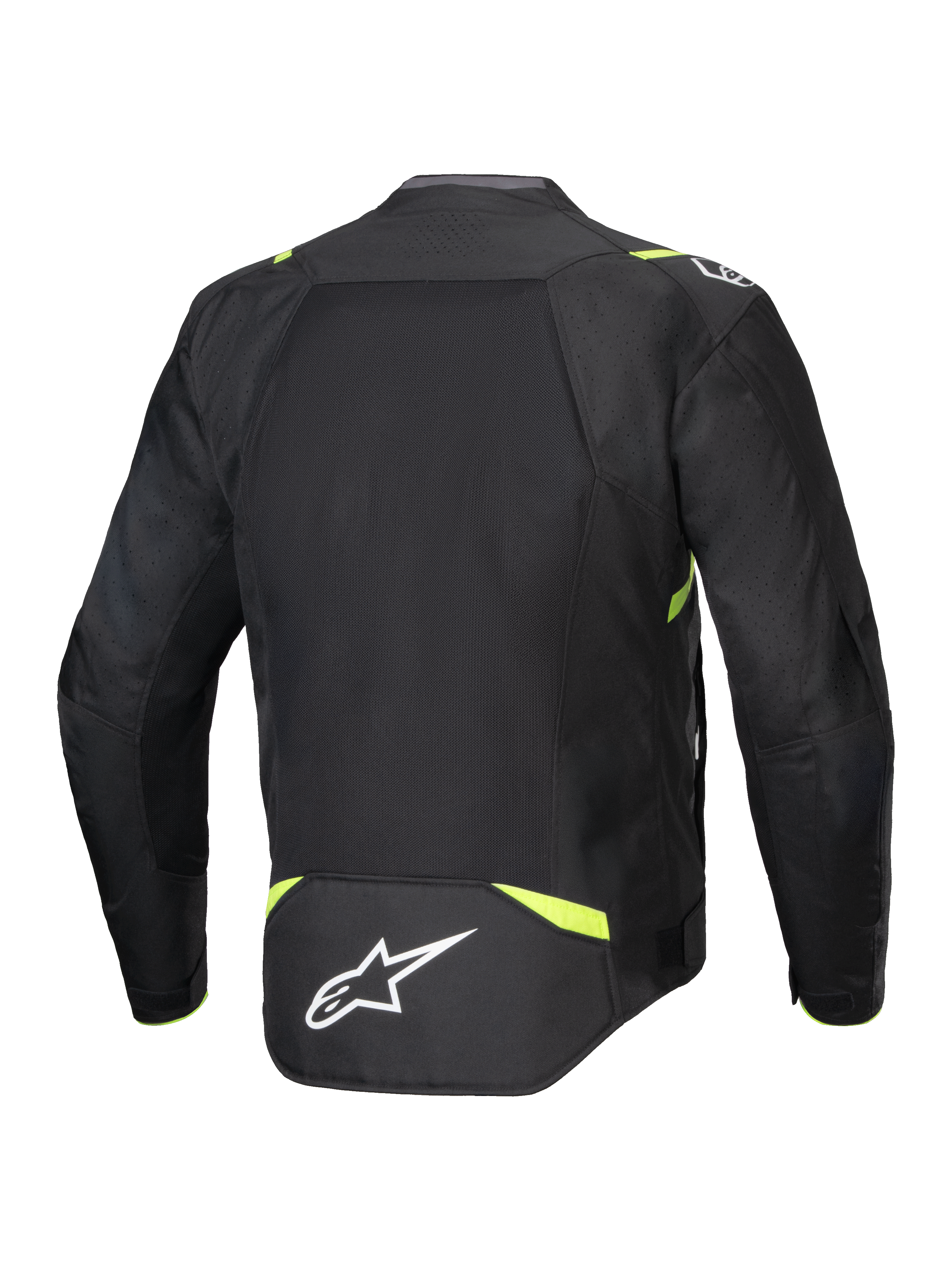 Alpinestars T-SPS Air V2 Jacket, Textile Motorcycle Jacket, Black and Yellow Fluo, rear view featuring large mesh panels for airflow, fluorescent yellow accents on shoulders and waist, white Alpinestars logo on lower back
