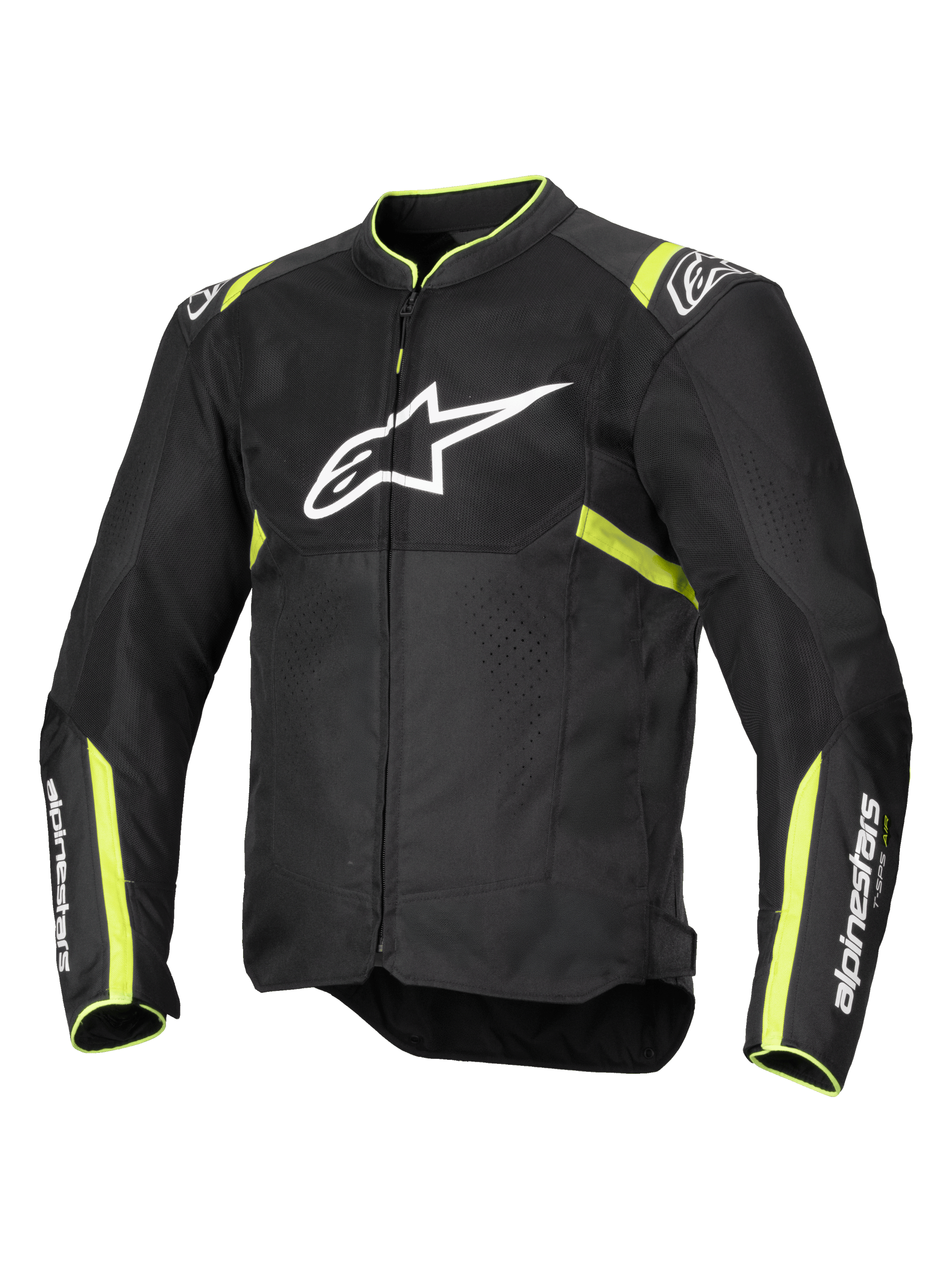 Alpinestars T-Sps Air V2 Jacket, Motorcycle Jacket, Black and Yellow Fluo, featuring large white chest logo, mesh panels for ventilation, fluorescent yellow accents on shoulders and sleeves, sporty textile design