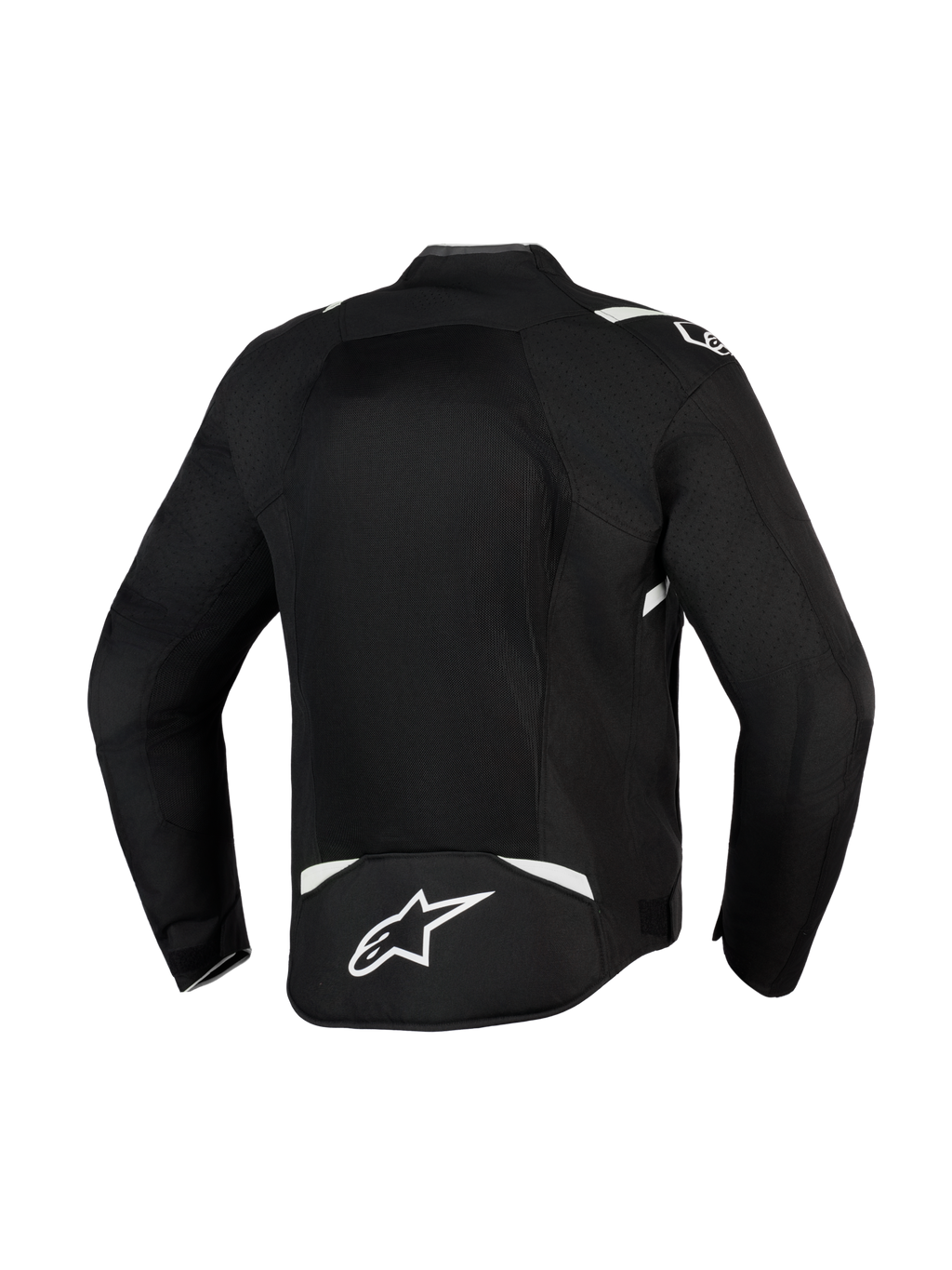 Alpinestars T-Sps Air V2 Jacket, Black and White, rear view showing large mesh panel for maximum airflow, durable 600D polyfabric construction with white accents and star logo on the lower back, textile motorcycle jacket for urban riding