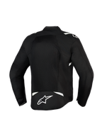 Alpinestars T-Sps Air V2 Jacket, Black and White, rear view showing large mesh panel for maximum airflow, durable 600D polyfabric construction with white accents and star logo on the lower back, textile motorcycle jacket for urban riding