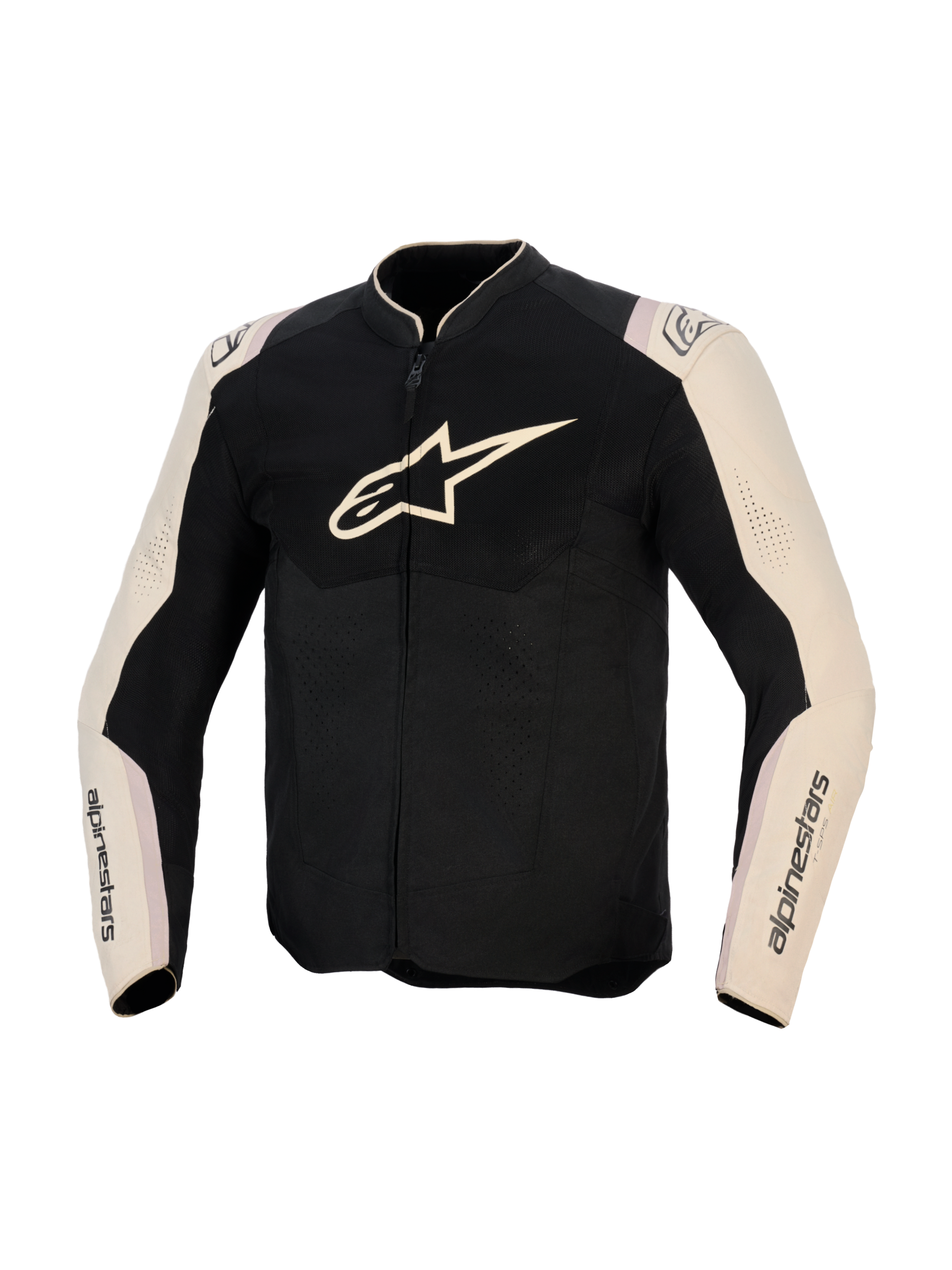 Alpinestars T-SPS Air V2 Jacket, Textile Motorcycle Jacket, Black Mastic Aluminum, front view featuring large chest logo, mesh panels for airflow, and light-colored sleeves with branding, sport-oriented street riding gear.