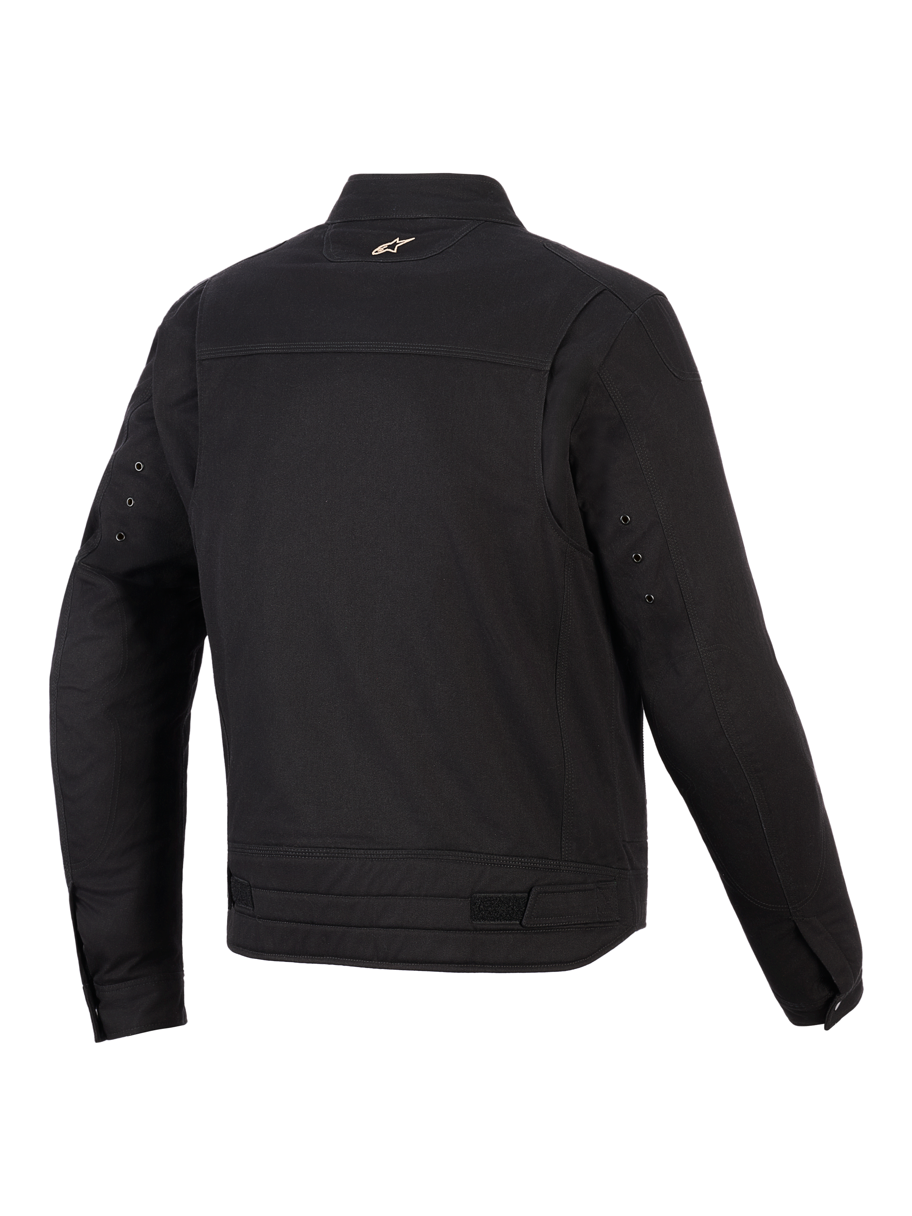 Alpinestars Bruiser Jacket, Urban Motorcycle Jacket, Black, back view showing articulated shoulder panels, waist adjusters, and small embroidered logo on the collar, rugged workwear-inspired textile design