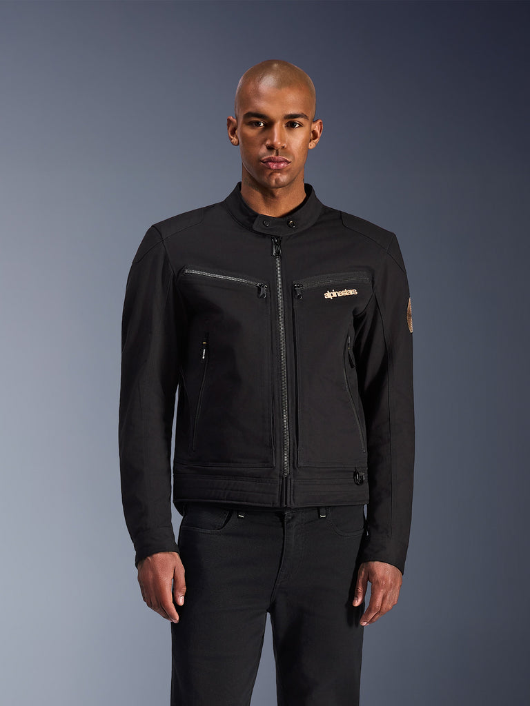 Alpinestars Bruiser Jacket, Black Motorcycle Jacket, High Collar with Button, Front Zipper, Chest Logo, Zippered Pockets, Urban Riding Style