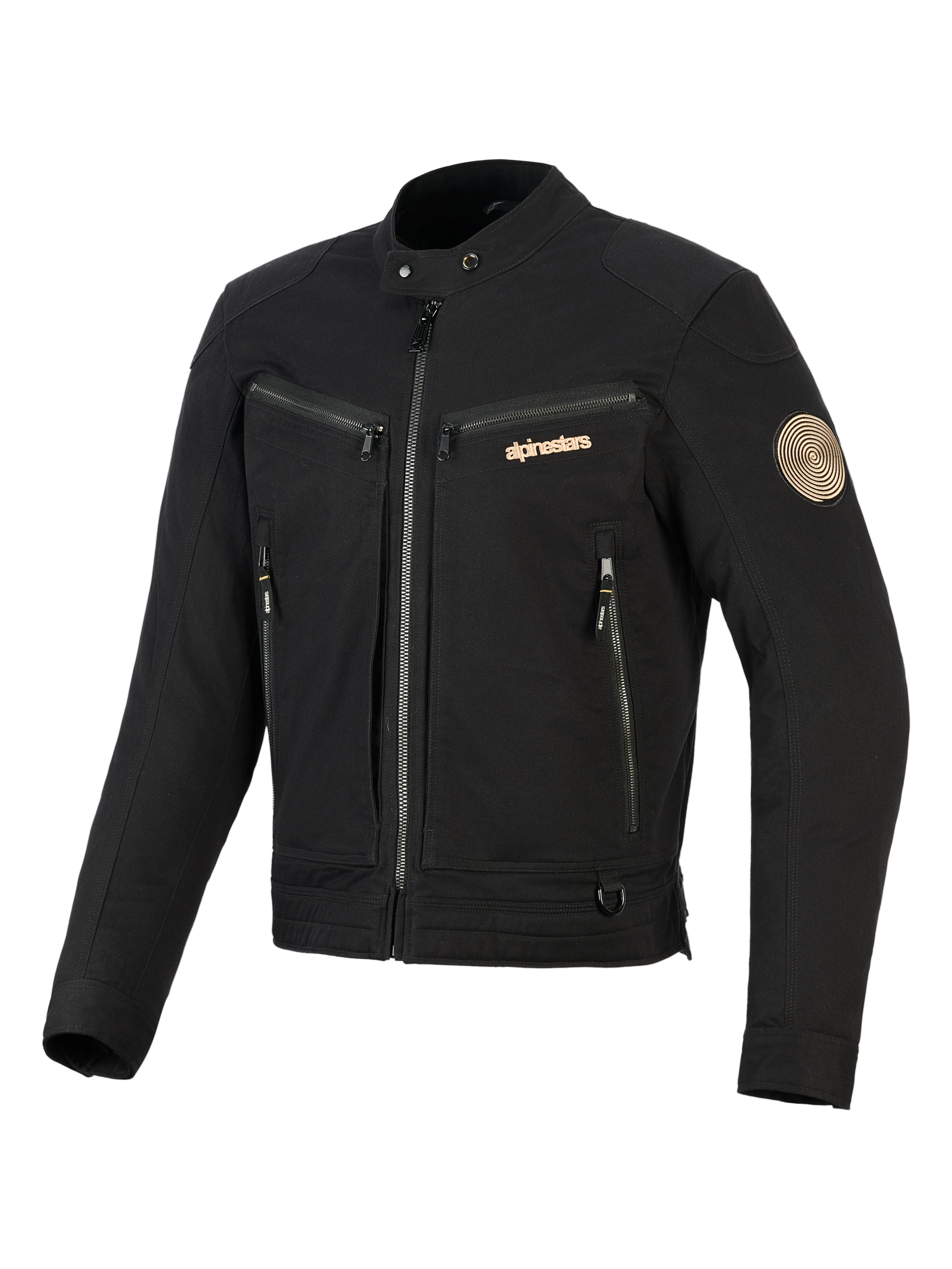 Alpinestars Bruiser Jacket, Black Urban Motorcycle Jacket, features zippered chest and hand pockets, gold-toned branding and Oscar spiral shoulder patch, workwear-inspired textile design.