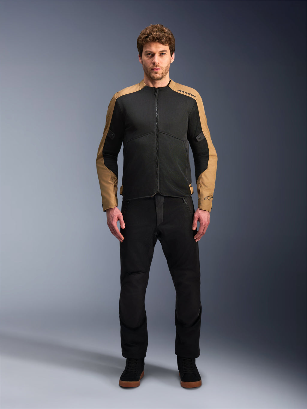 Alpinestars C-1 Air Jacket, urban textile motorcycle jacket in Black and Sand with breathable tech mesh panels.