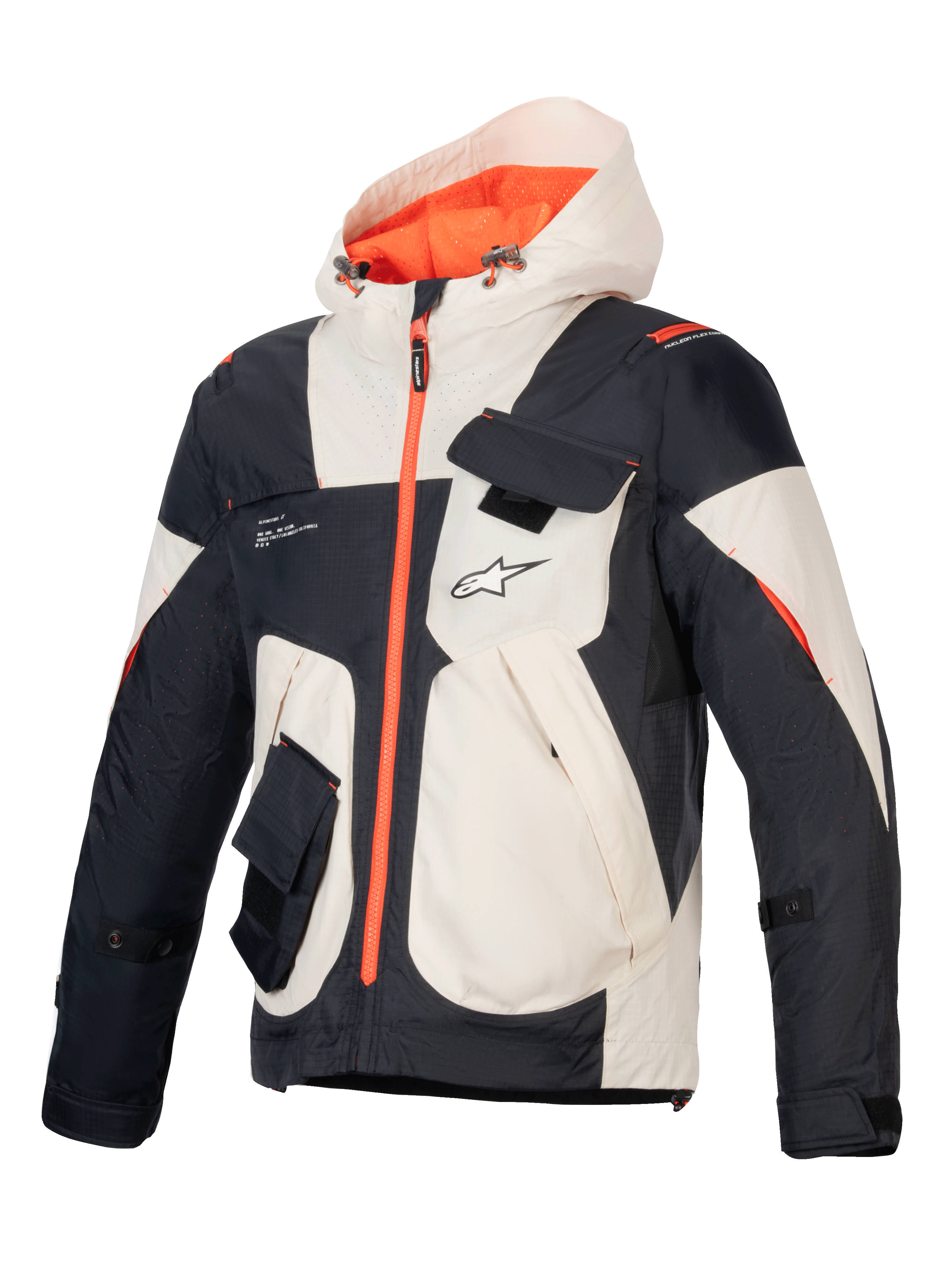 Alpinestars Mogress Air Jacket, men's urban motorcycle jacket in black, almond, and hot orange with ventilated ripstop.