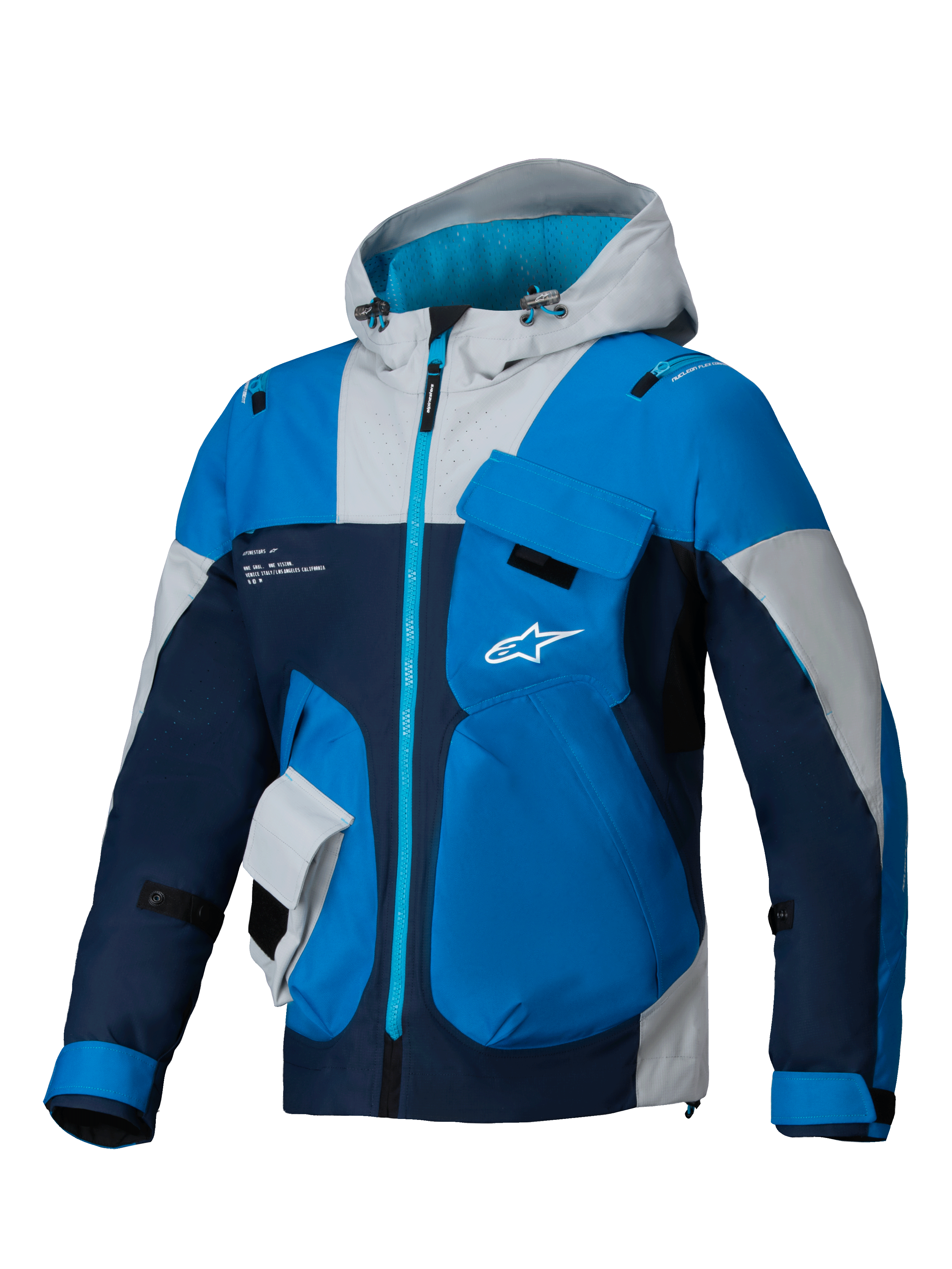 Alpinestars Mogress Air Jacket, Blue Almond and Navy urban motorcycle jacket with ventilated ripstop and utility hood.