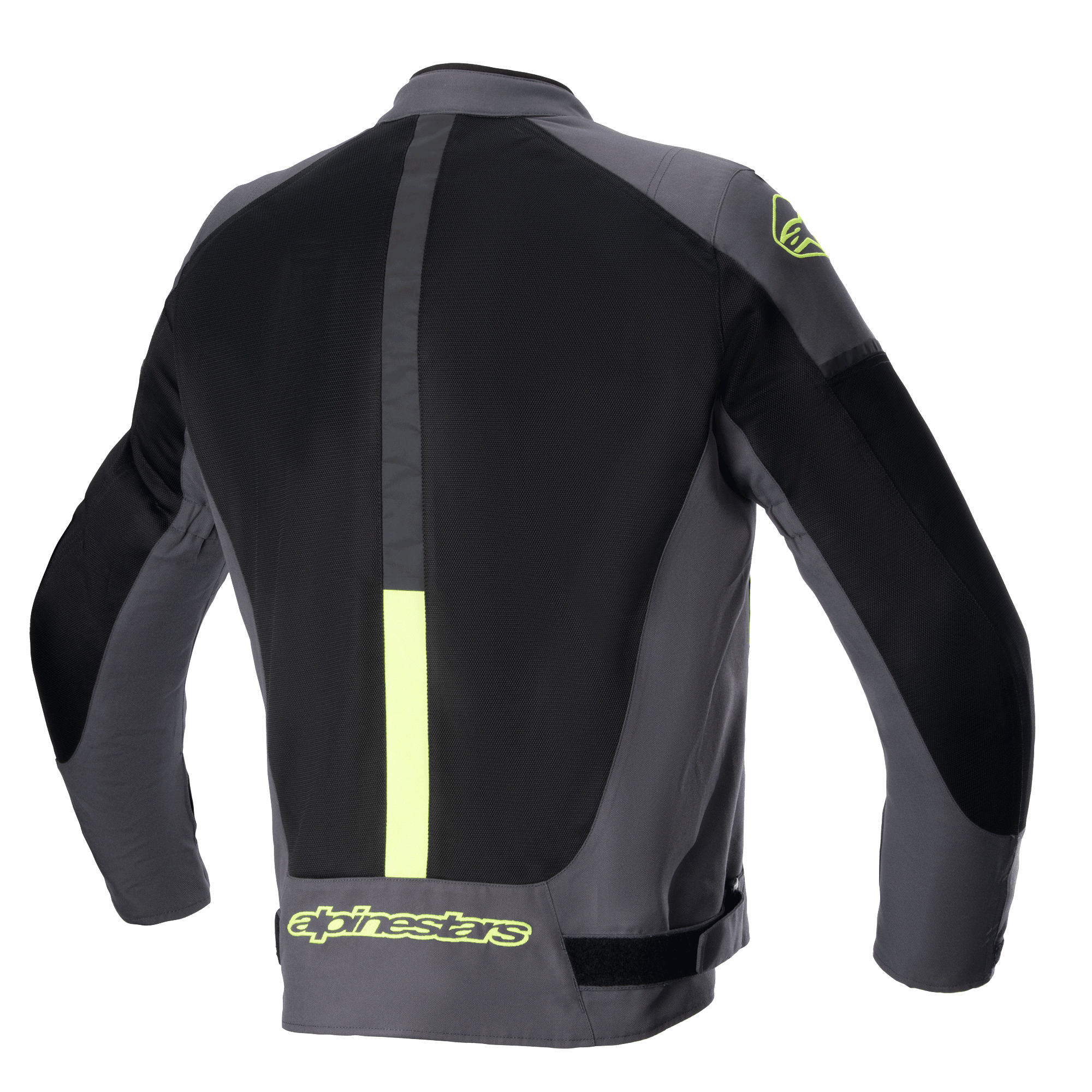 Alpinestars T-SP X Superair Jacket, Motorcycle Jacket, Tar Gray, Black, and Yellow Fluo, rear view featuring large mesh panels for ventilation and fluorescent yellow branding on the lower back and shoulder.