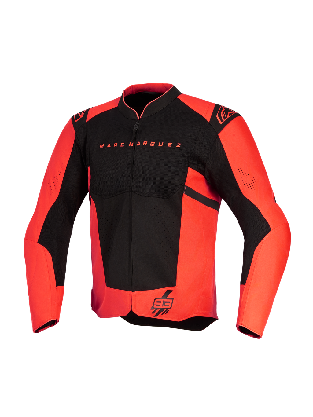 Alpinestars MM93 T-SPS Air V2 Jacket, Motorcycle Jacket, Red Fluo and Black, featuring Marc Marquez text on chest and 93 logo on hem, Alpinestars shoulder logos, mesh panels for airflow, textile sport cut design