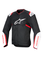 Alpinestars Honda T-SPS Air V2 Jacket, Motorcycle Textile Jacket, Black with White and Bright Red accents, featuring ventilated tech mesh panels, Alpinestars logo on chest and red Honda branding on sleeves, sporty urban design for airflow