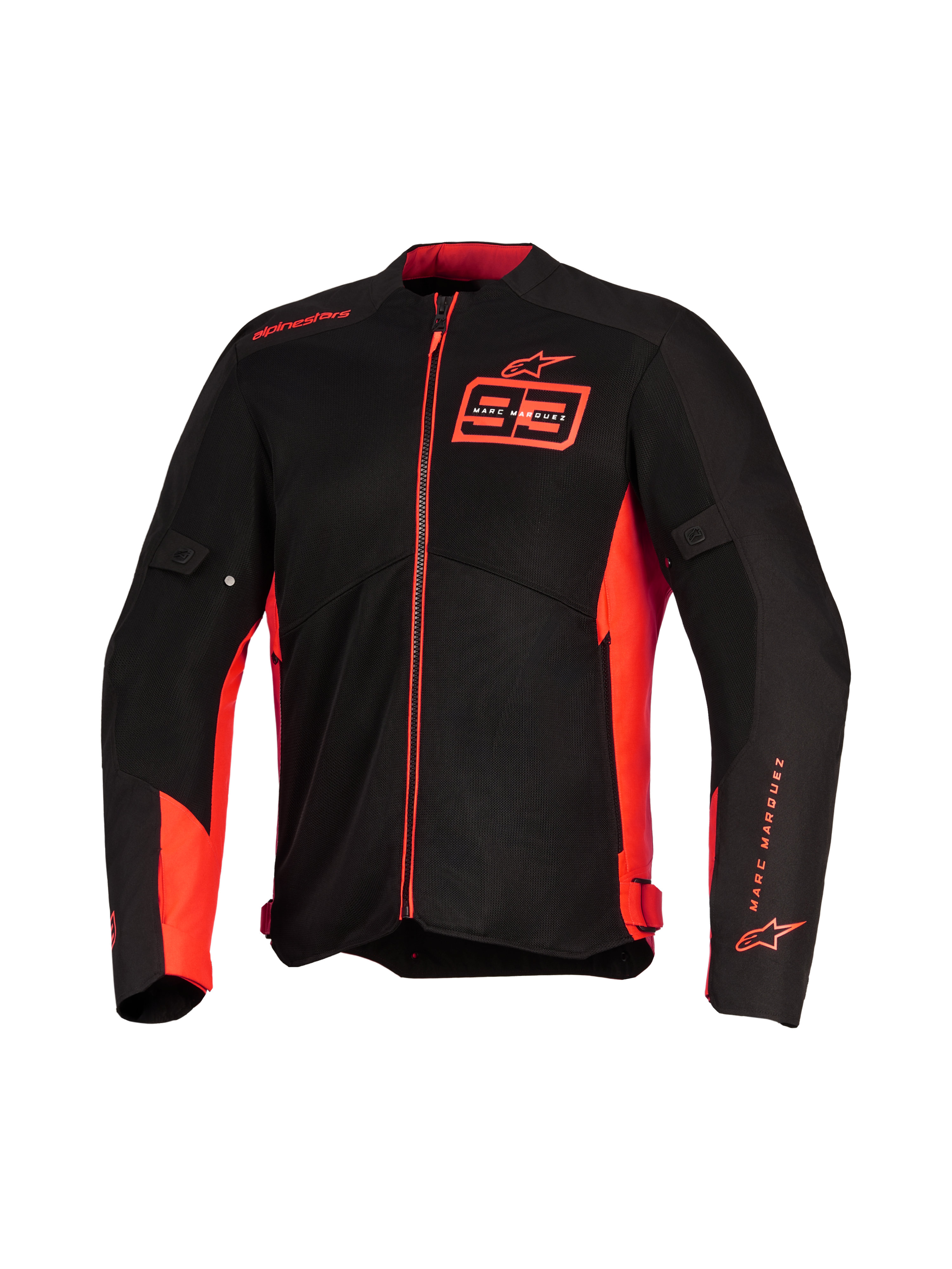 Alpinestars MM93 C-1 Air Jacket, Motorcycle Jacket, Red Fluo Bright Red and Black, featuring Marc Marquez 93 branding on the chest and sleeve, technical mesh panels for airflow, sleek urban design