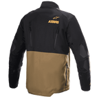 Alpinestars Venture XT Jacket, Adventure Touring Motorcycle Jacket, Camel and Black, rear view showing orange Astars logo, vertical ventilation zippers, and reinforced elbow panels