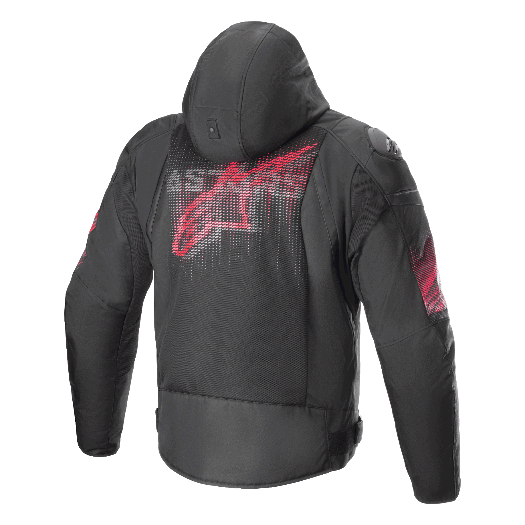 Alpinestars Zaca Air Venom WP Jacket, Black and Bright Red, rear view featuring a large stylized red logo on the back, textile motorcycle jacket with 3D mesh panels, detachable hood, and DFS Lite shoulder sliders, sport riding apparel.