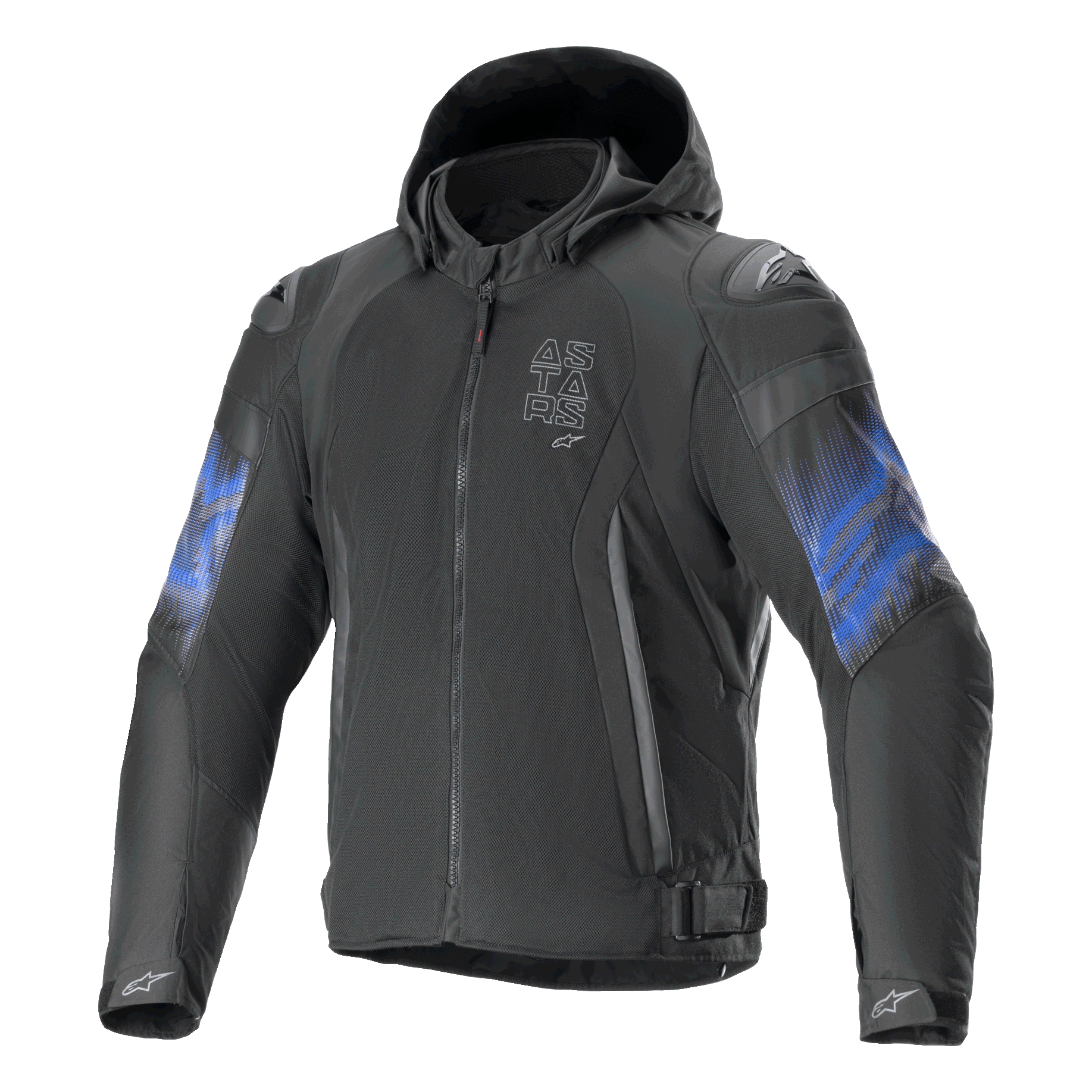 Alpinestars Zaca Air Venom Waterproof Jacket, Black and Electric Blue motorcycle textile jacket with hood and Tech-Air compatibility, CE certified