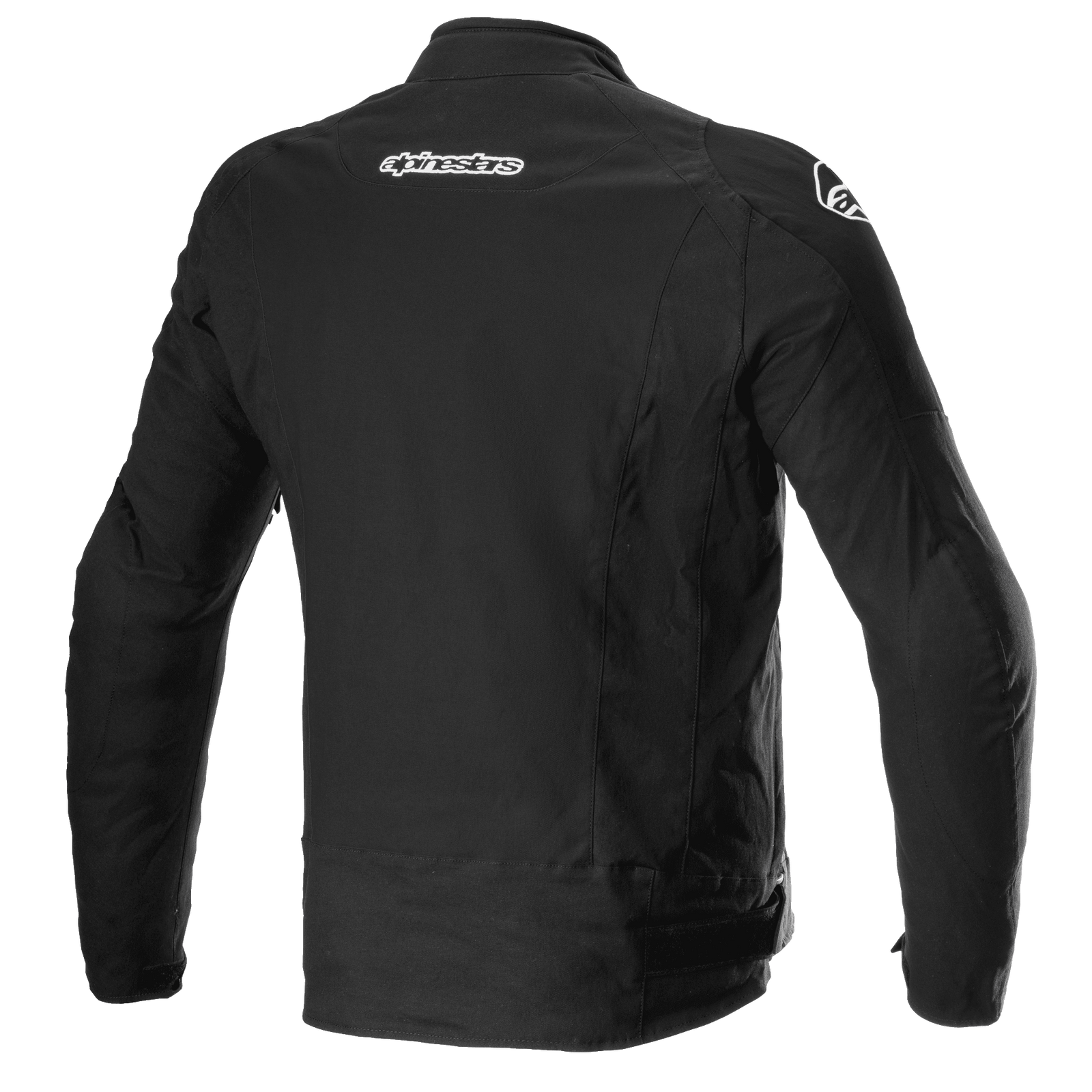 A black Alpinestars EU textile T-GP Force Jacket featuring long sleeves, a front zipper, and the Alpinestars logo prominently displayed on the chest. This jacket boasts protective features with padding on the shoulders and elbows, additional branding on the upper arms, and compatibility with the Tech-Air® 5 Airbag System.