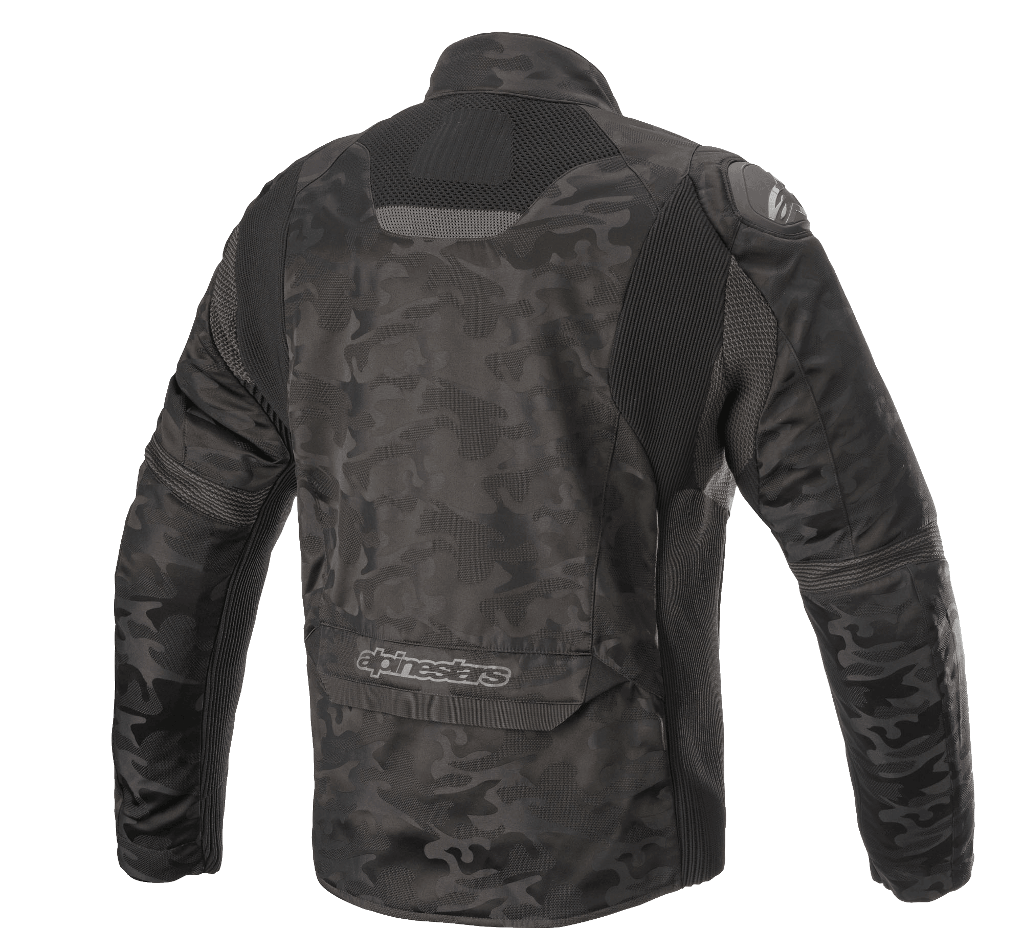 Alpinestars T SP-5 Rideknit® Textile Jacket, Motorcycle Jacket, Black Camo, back view featuring knitted stretch panels, camouflage pattern on abrasion-resistant textile, Alpinestars branding on the lower back.