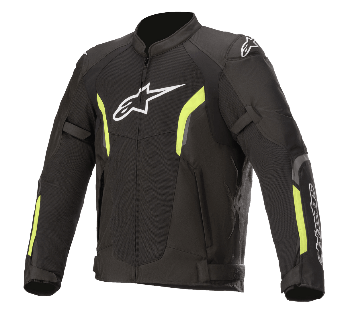 Alpinestars AST V2 Air Jacket, Motorcycle Mesh Jacket, Black and Yellow Fluo, white Astars logo on chest, large mesh panels for ventilation, fluorescent yellow accents on sleeves and chest, and adjustable arm straps for a sporty protective fit