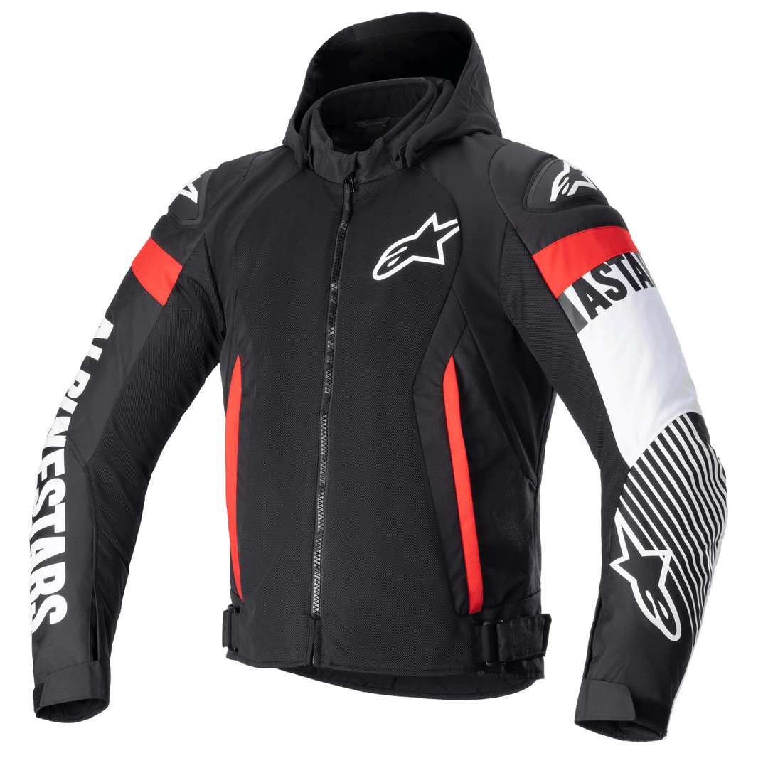 Alpinestars Zaca Air Jacket, Black Motorcycle Jacket with Hood, Red and White Accents, Weather-Resistant Material, Adjustable Waist Straps