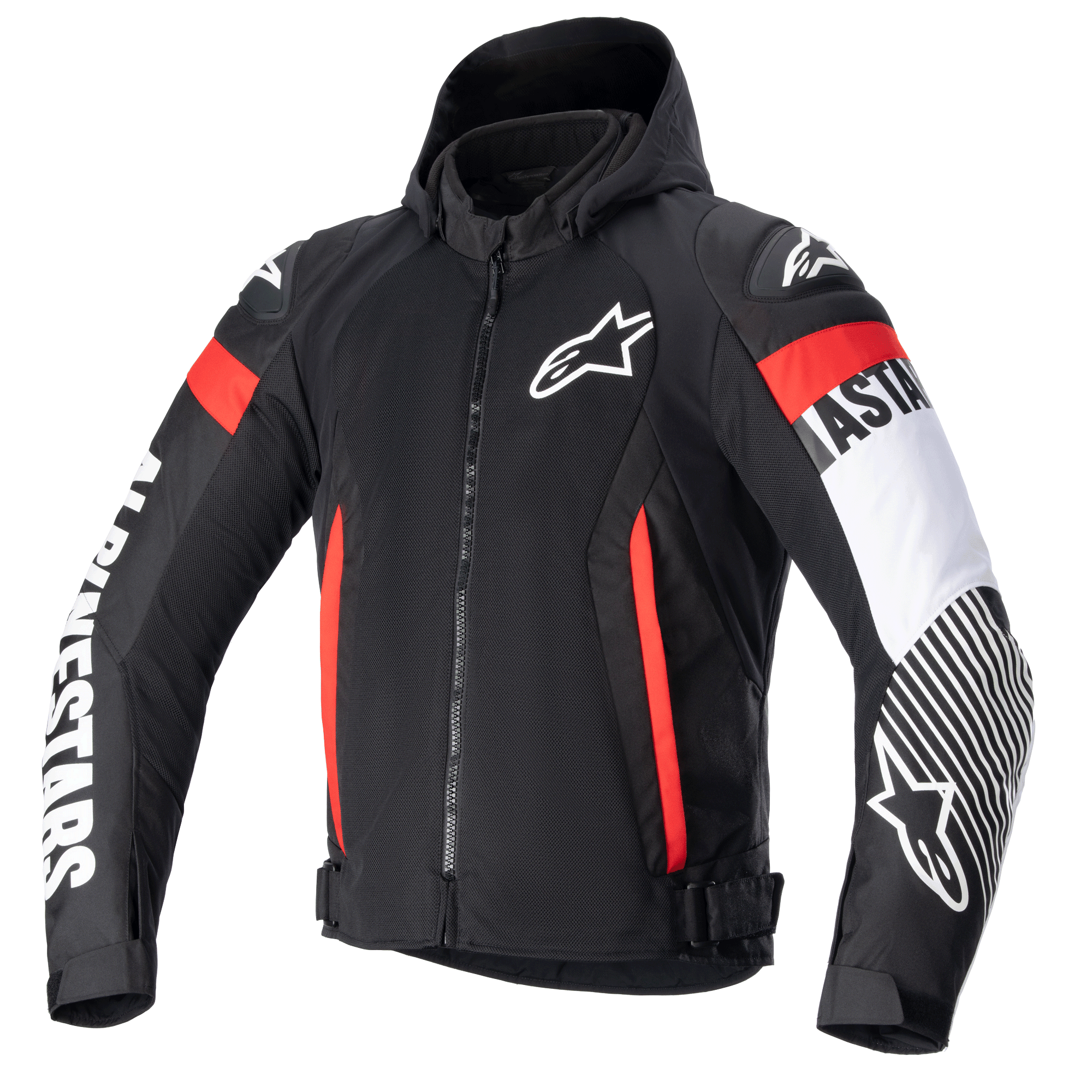 Alpinestars Zaca Air Jacket, Black textile motorcycle jacket with red and white fluo accents, featuring a detachable hood, 3D mesh panels for ventilation, bold white Alpinestars branding on sleeves, star logo on chest, and adjustable waist straps.