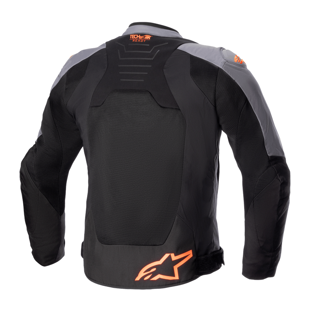 Alpinestars SMX Air Jacket, Textile Motorcycle Jacket, Black and Dark Gray with Orange Fluo, back view showing large mesh panels, Tech-Air Ready logo on upper back, and orange star logo at the bottom.