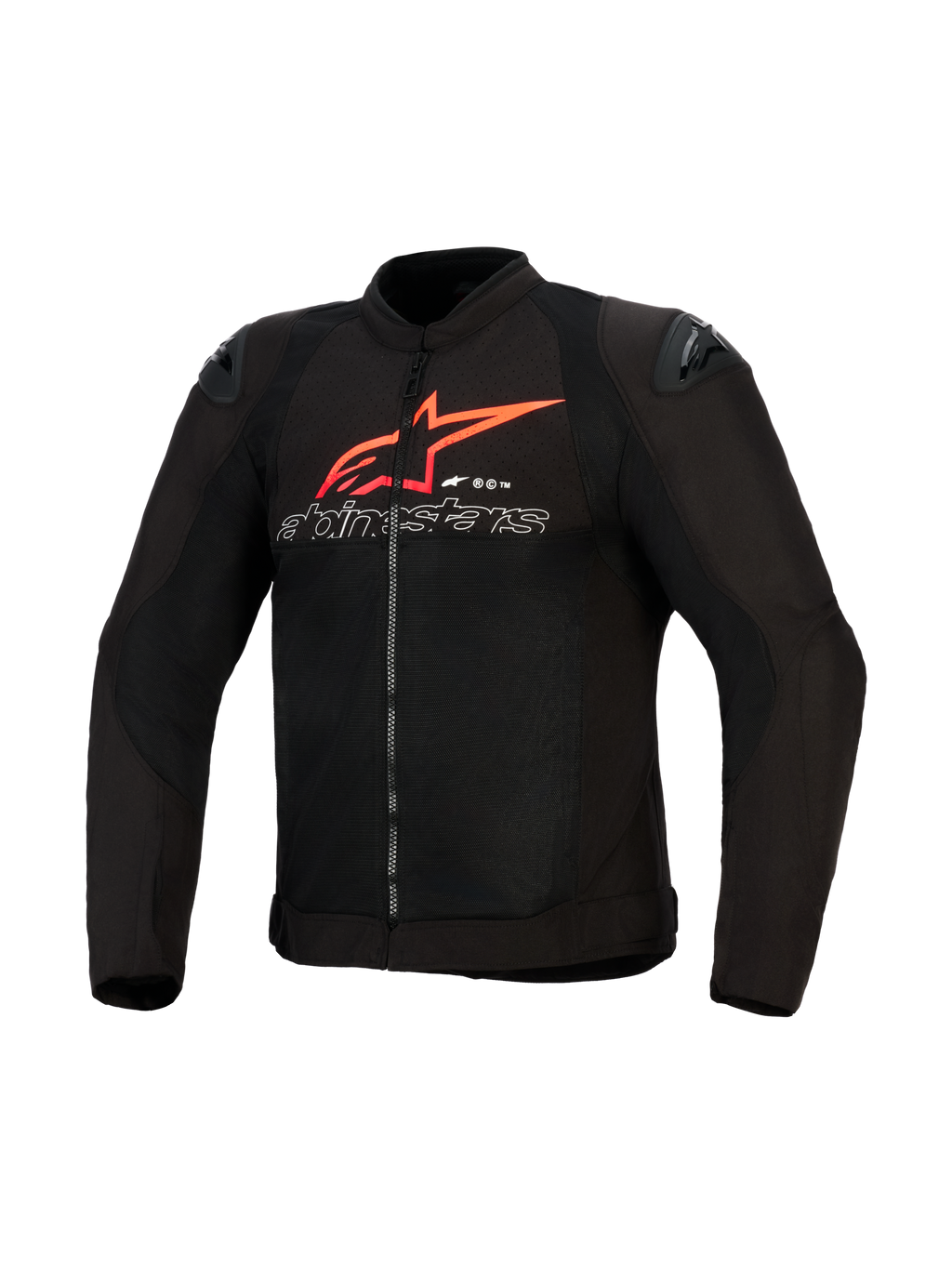 Alpinestars SMX Air Jacket, Motorcycle Jacket, Black with Bright Red and White accents, featuring a large red Alpinestars star logo and white outlined text on the chest, mesh paneling with black shoulder sliders, performance sport riding apparel.