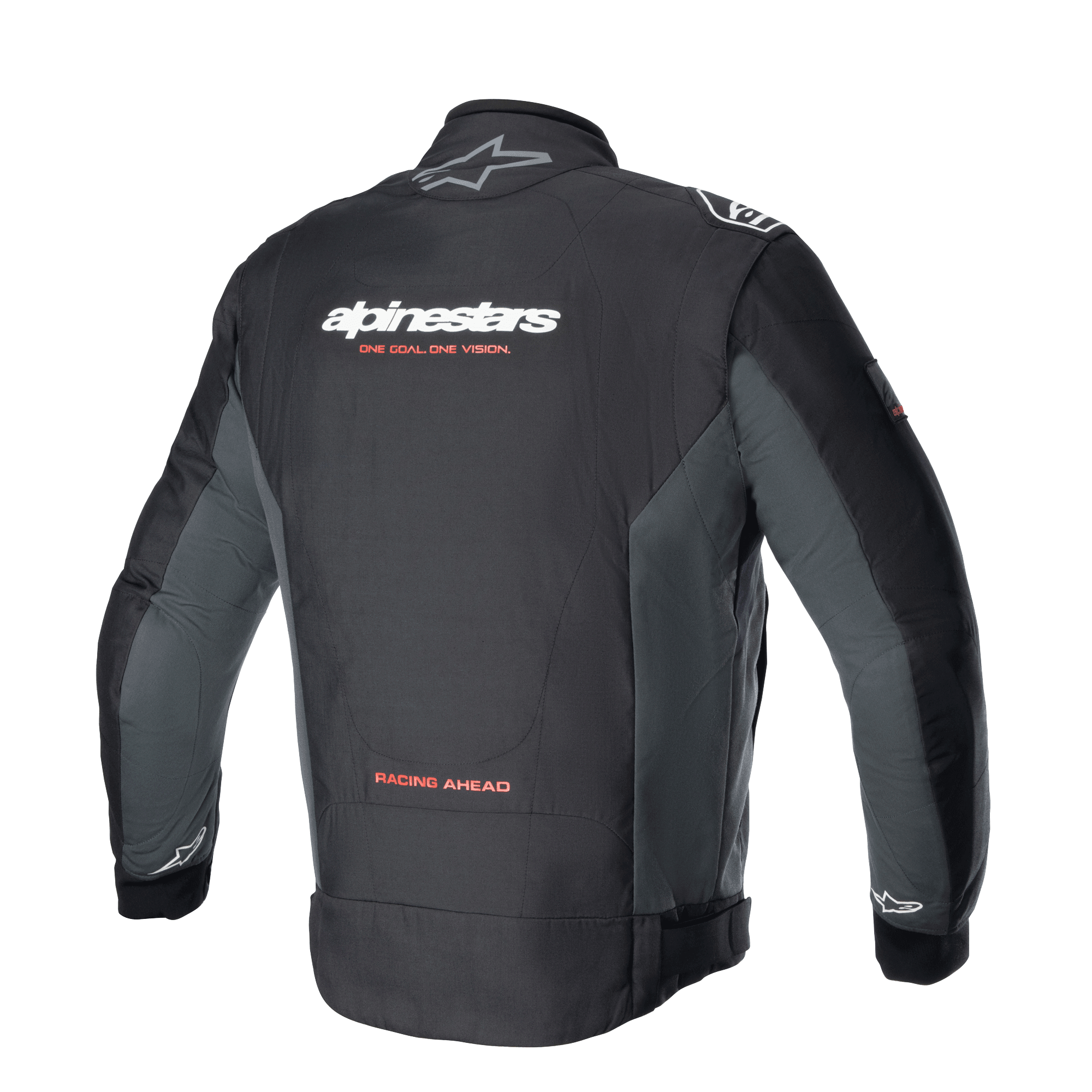 Alpinestars Monza Sport Jacket, Black Tar Gray textile motorcycle jacket shown from the back, featuring white branding with red 'ONE GOAL. ONE VISION.' slogan, gray side panels, and 'RACING AHEAD' text at the lower back