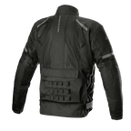 Alpinestars Crosshill Air Waterproof Jacket, Black, Rear view highlighting large tech mesh panels, vertical Alpinestars logo, PALS modular connection system on lower back, and adjustable waist straps, durable motorcycle touring gear