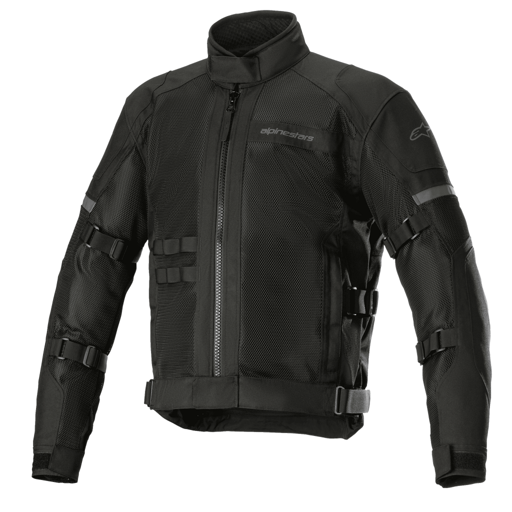 Alpinestars Crosshill Air Waterproof Jacket, Motorcycle Touring Jacket, Black, featuring large mesh ventilation panels, adjustable straps on arms and waist, reflective accents, high collar, and rugged textile construction with military-inspired details