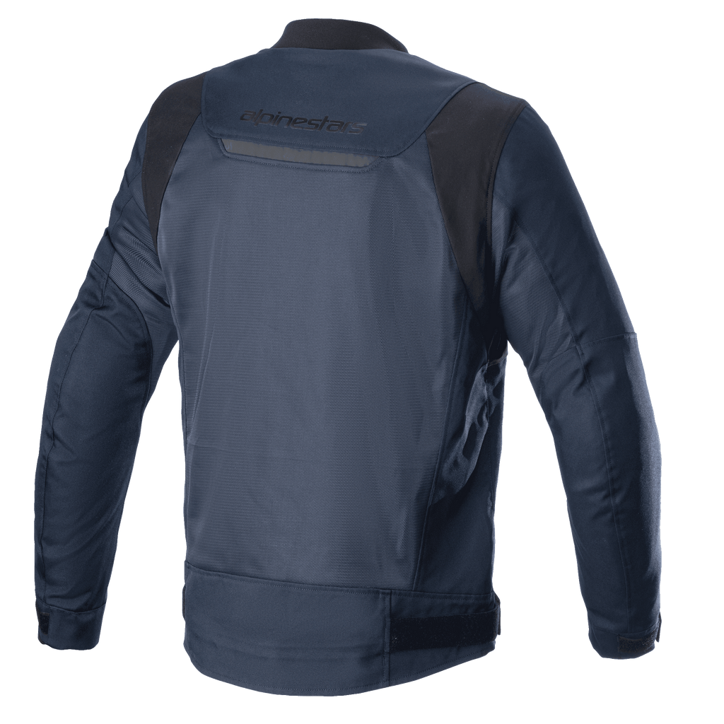 Alpinestars Luc V2 Air Jacket, Navy Black, Rear View, featuring mesh panels for airflow, reflective detail, and Alpinestars branding on the upper back, bomber-style textile motorcycle jacket