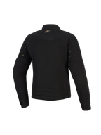 Alpinestars Stella Grace Jacket, Women's Urban Motorcycle Jacket, Black, back view featuring a small gold Astar logo on the neck, metal hardware eyelets on the sleeves, and pleated stitching at the lower back.