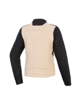 Alpinestars Woman Stella Grace Jacket, Women's Motorcycle Jacket, Aluminum Black, Rear view, textile construction featuring a beige torso with black sleeves and a small pink logo on the collar.