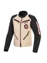 Alpinestars Stella Grace Jacket, Women's Motorcycle Jacket, Aluminum and Black with pink zipper accents, front view showing urban workwear-inspired design, spiral Oscar patch on chest, Alpinestars branding on sleeves.