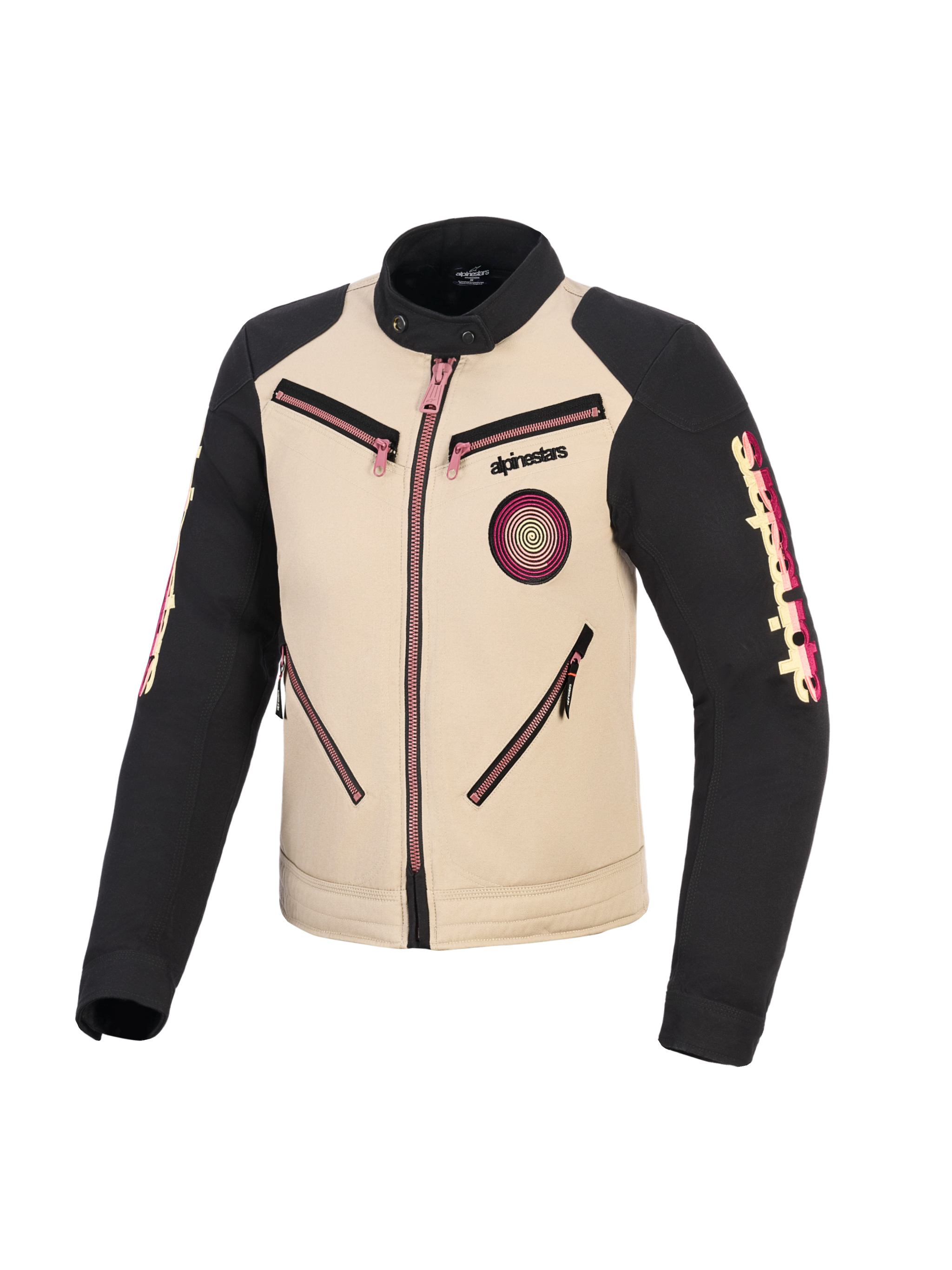 Alpinestars Stella Grace Jacket, Women's Motorcycle Jacket, Aluminum and Black with pink zipper accents, front view showing urban workwear-inspired design, spiral Oscar patch on chest, Alpinestars branding on sleeves.