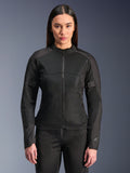 Alpinestars Stella C-1 Air Jacket, Women's Motorcycle Jacket, Black, model wearing a sleek zipped jacket with tech mesh panels, slim fit design with subtle reflective logos on the shoulder and sleeve cuff