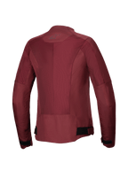 Alpinestars Stella C-1 Air Jacket, Woman's Motorcycle Jacket, Burgundy, back view featuring large tech mesh panels for airflow, reflective logo at the neck, and adjustable waist straps, urban riding gear