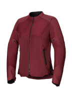 Alpinestars Woman Stella C-1 Air Jacket, Burgundy motorcycle jacket, featuring large tech mesh panels for airflow, central black zipper, zippered hand pockets, and adjustable waist and sleeve tabs, designed for urban riding