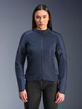 Alpinestars Stella C-1 Air Jacket in Blue, Women's Motorcycle Jacket, modeled with black riding pants, features large mesh panels for airflow, zippered front and side pockets, and a clean contemporary design.